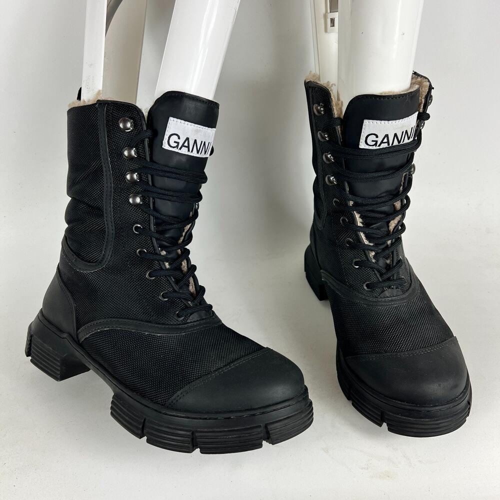 Ganni Combat Boots Women's 9 Black Polyester Faux Shearling-Lined Lace-Up